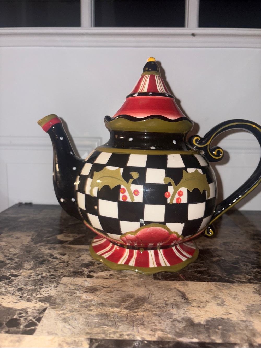 Ambiance Amber Rose Checkered Ceramic Teapot in Black, Red & Olive Accent